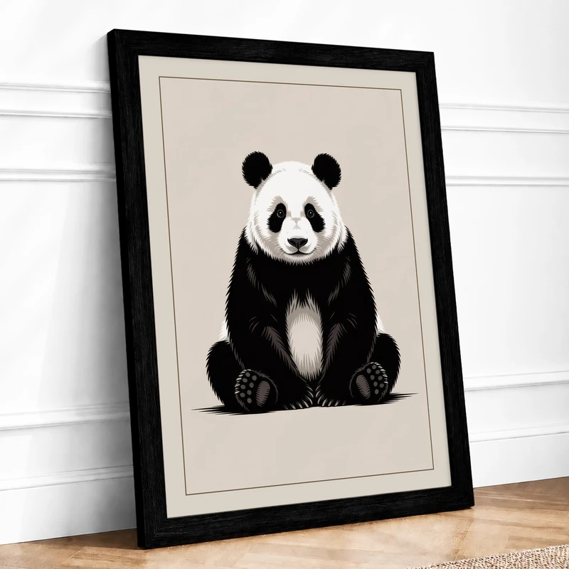 Seated Giant Panda Minimalist Framed Wall Art Print A1 (84.1×59.4cm) Black, Wall Decor for Living Room, Bedroom, Office & Home, Ready to Hang, Art Gift - Image 1