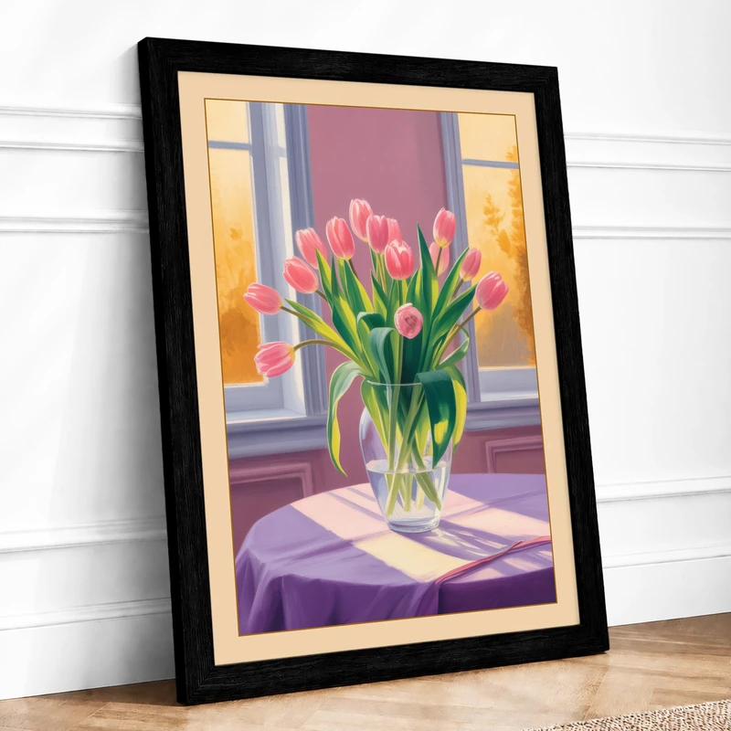 Tulips by the Window Botanical Framed Wall Art Print A1 (84.1×59.4cm) Black, Wall Decor for Living Room, Bedroom, Office & Home, Ready to Hang, Art Gift