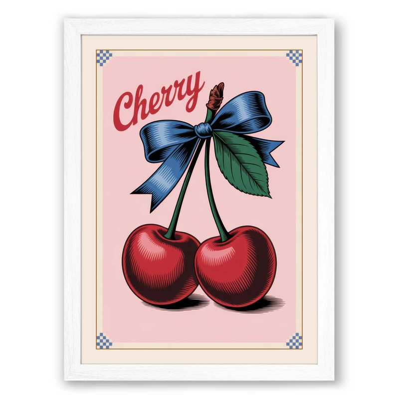 Cherry with Ribbon Vintage Framed Wall Art Print A1 (84.1×59.4cm) White, Wall Decor for Living Room, Bedroom, Office & Home, Ready to Hang, Art Gift