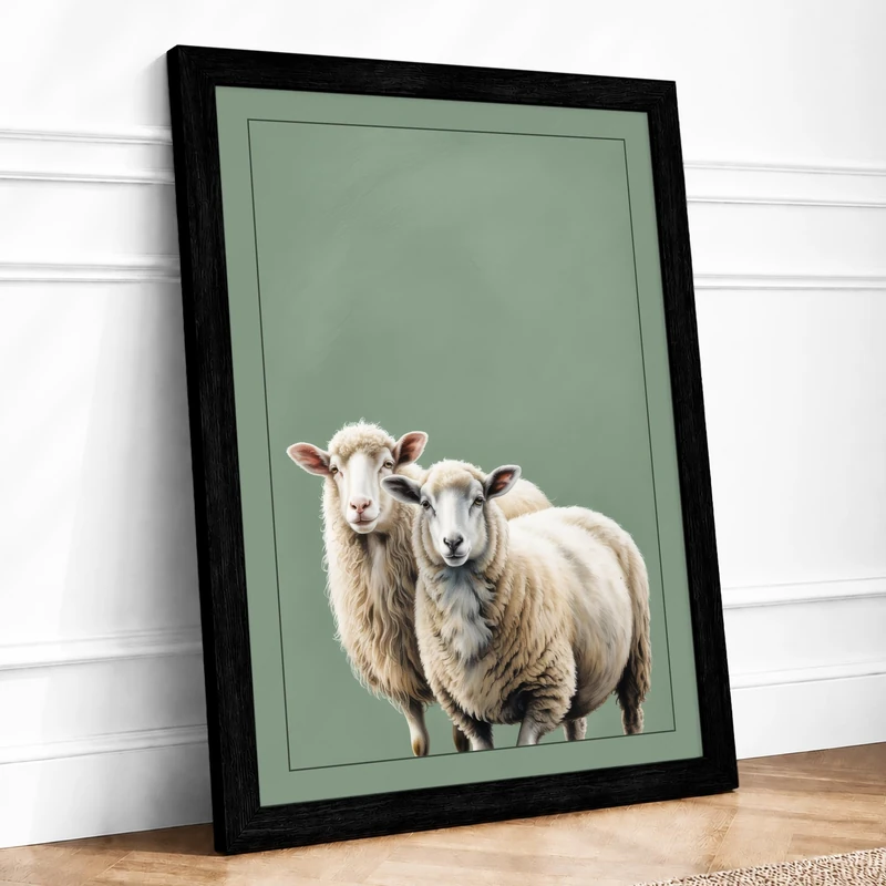 Two Sheep Portrait Minimalist Framed Wall Art Print A1 (84.1×59.4cm) Black, Wall Decor for Living Room, Bedroom, Office & Home, Ready to Hang, Art Gift