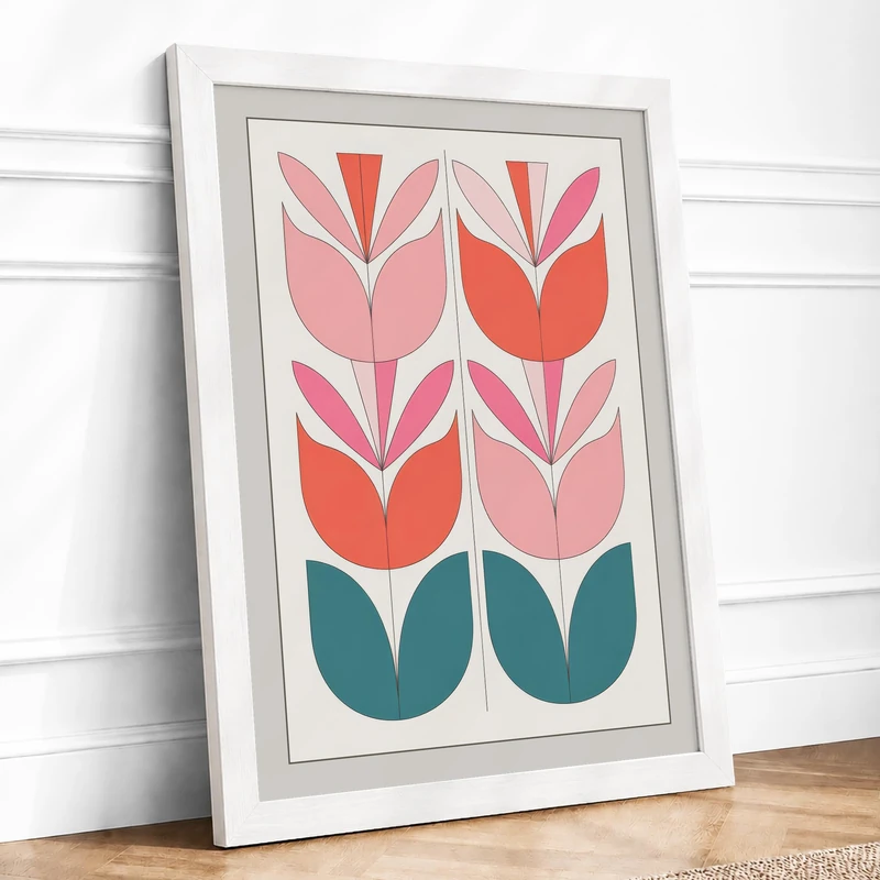 Geometric Tulips Mid-Century Framed Wall Art Print A1 (84.1×59.4cm) White, Wall Decor for Living Room, Bedroom, Office & Home, Ready to Hang, Art Gift