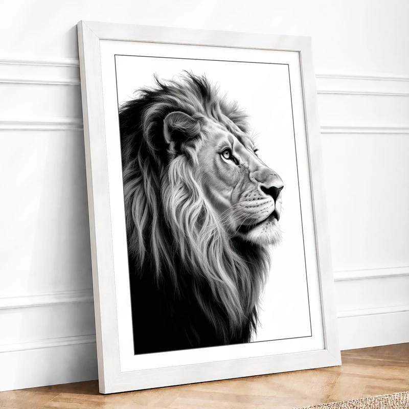 Lion in Profile Minimalist Framed Wall Art Print A1 (84.1×59.4cm) White, Wall Decor for Living Room, Bedroom, Office & Home, Ready to Hang, Art Gift