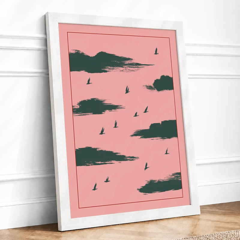 Birds Among Clouds Minimalist Framed Wall Art Print A1 (84.1×59.4cm) White, Wall Decor for Living Room, Bedroom, Office & Home, Ready to Hang, Art Gift - Image 1