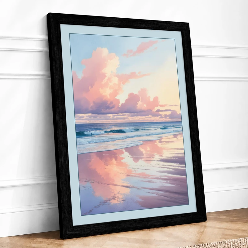 Dawn Beach Reflections Coastal Framed Wall Art Print A1 (84.1×59.4cm) Black, Wall Decor for Living Room, Bedroom, Office & Home, Ready to Hang, Art Gift