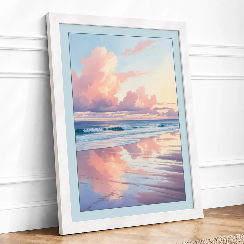 Dawn Beach Reflections Coastal Framed Wall Art Print A1 (84.1×59.4cm) White, Wall Decor for Living Room, Bedroom, Office & Home, Ready to Hang, Art Gift - Image 1