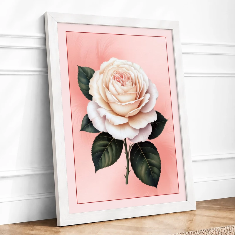 Pale Pink Rose Botanical Framed Wall Art Print A1 (84.1×59.4cm) White, Wall Decor for Living Room, Bedroom, Office & Home, Ready to Hang, Art Gift
