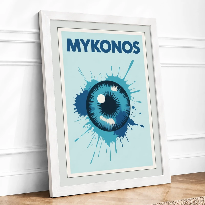 Postcard from Mykonos Retro Framed Wall Art Print A1 (84.1×59.4cm) White, Wall Decor for Living Room, Bedroom, Office & Home, Ready to Hang, Art Gift