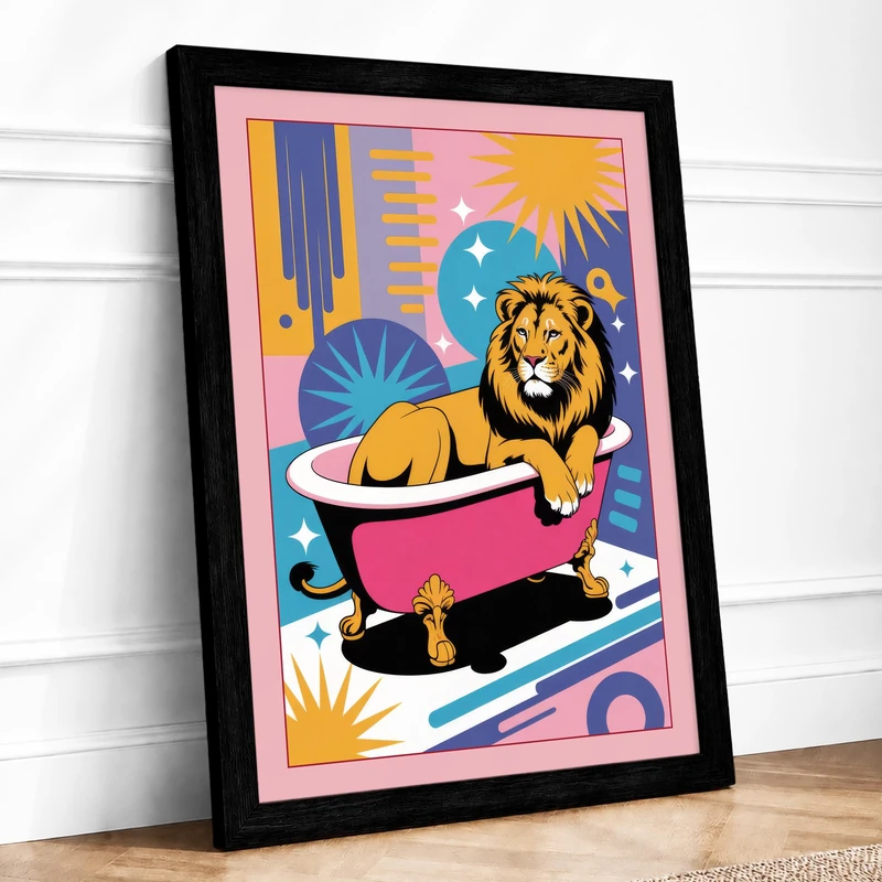 Lion in the Bath Art Deco Framed Wall Art Print A1 (84.1×59.4cm) Black, Wall Decor for Living Room, Bedroom, Office & Home, Ready to Hang, Art Gift - Image 1