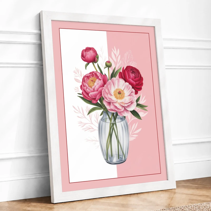 Peonies and Roses in Bloom Botanical Framed Wall Art Print A1 (84.1×59.4cm) White, Wall Decor for Living Room, Bedroom, Office & Home, Ready to Hang, Art Gift