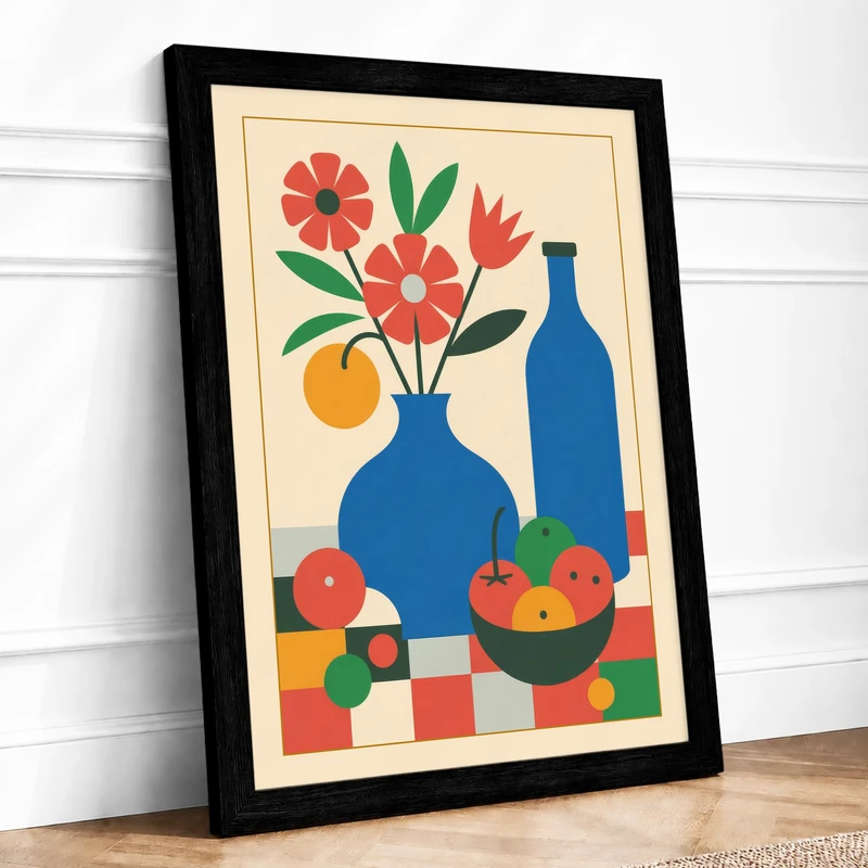 Still Life in Blue and Red Mid-Century Framed Wall Art Print A1 (84.1×59.4cm) Black, Wall Decor for Living Room, Bedroom, Office & Home, Ready to Hang, Art Gift