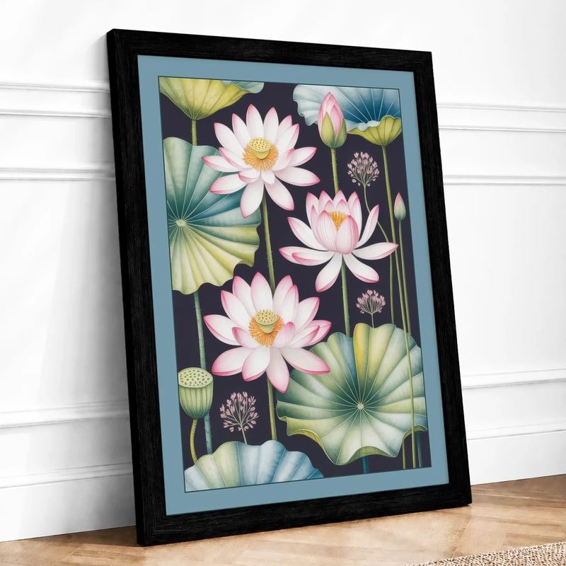 Water Lilies at Dusk Botanical Framed Wall Art Print A1 (84.1×59.4cm) Black, Wall Decor for Living Room, Bedroom, Office & Home, Ready to Hang, Art Gift - Image 1