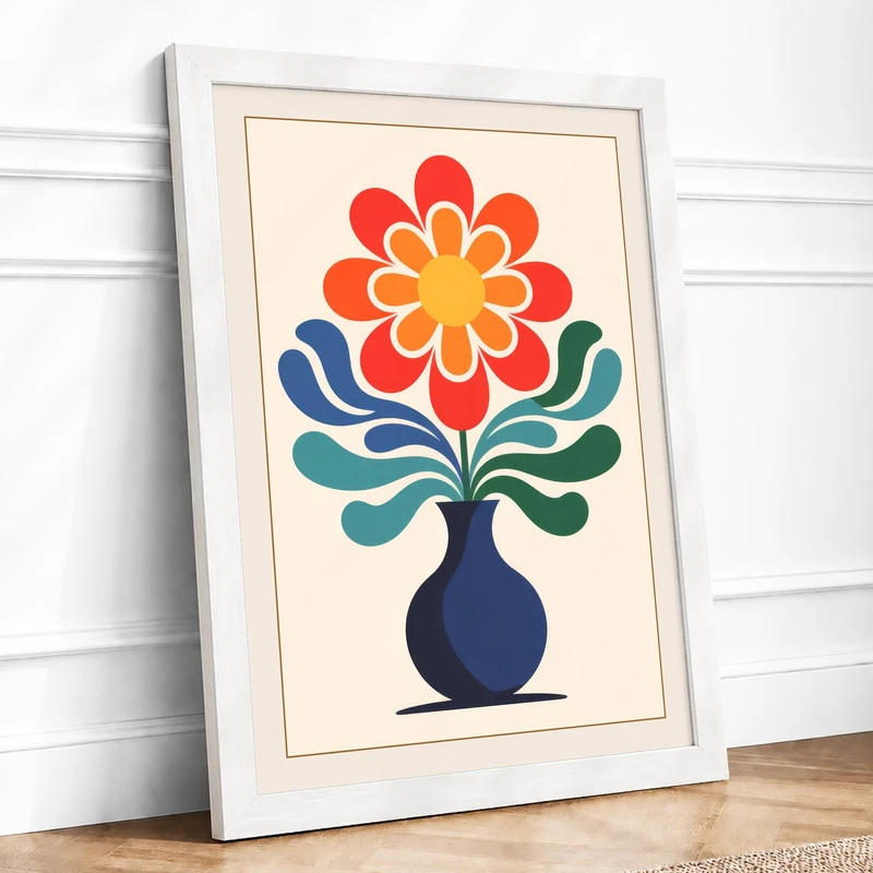 Geometric Bloom in Vase Botanical Framed Wall Art Print A1 (84.1×59.4cm) White, Wall Decor for Living Room, Bedroom, Office & Home, Ready to Hang, Art Gift