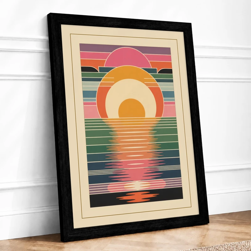 Striped Sunset Retro Framed Wall Art Print A1 Black