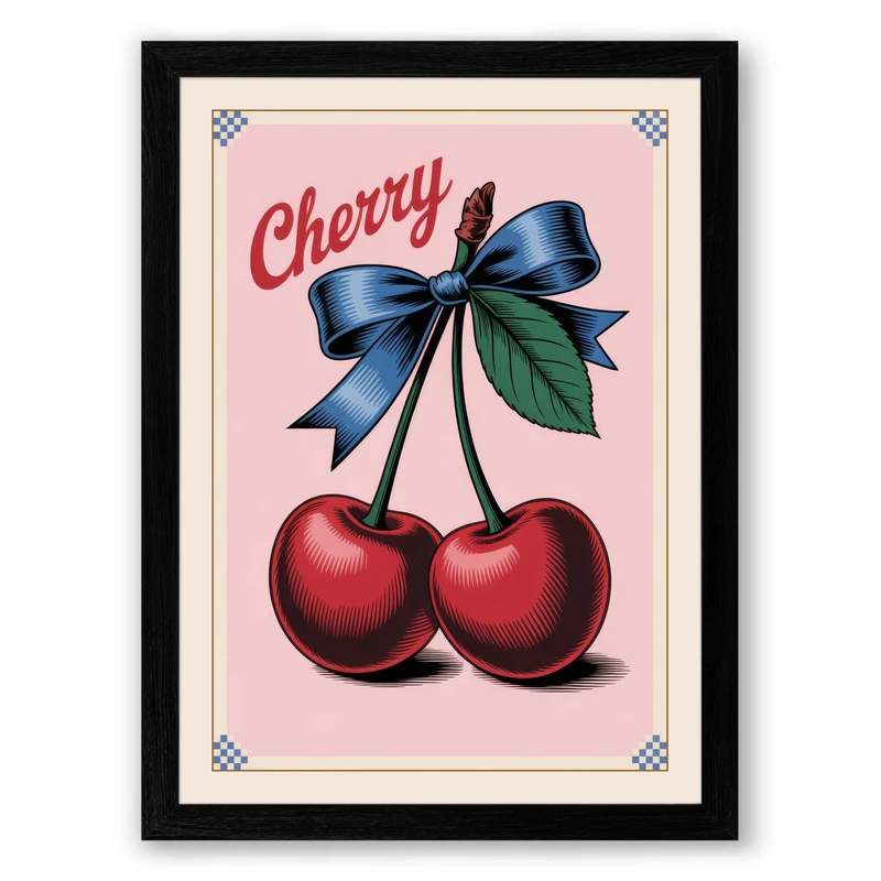 Cherry with Ribbon Vintage Framed Wall Art Print A1 (84.1×59.4cm) Black, Wall Decor for Living Room, Bedroom, Office & Home, Ready to Hang, Art Gift
