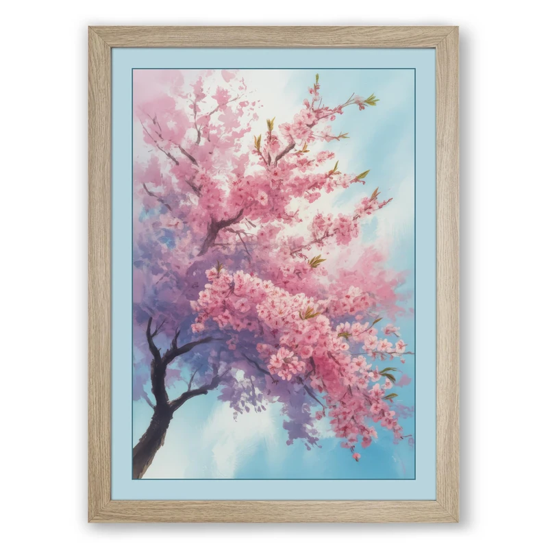 Moonlit Cherry Blossom Botanical Framed Wall Art Print A1 (84.1×59.4cm) Oak, Wall Decor for Living Room, Bedroom, Office & Home, Ready to Hang, Art Gift