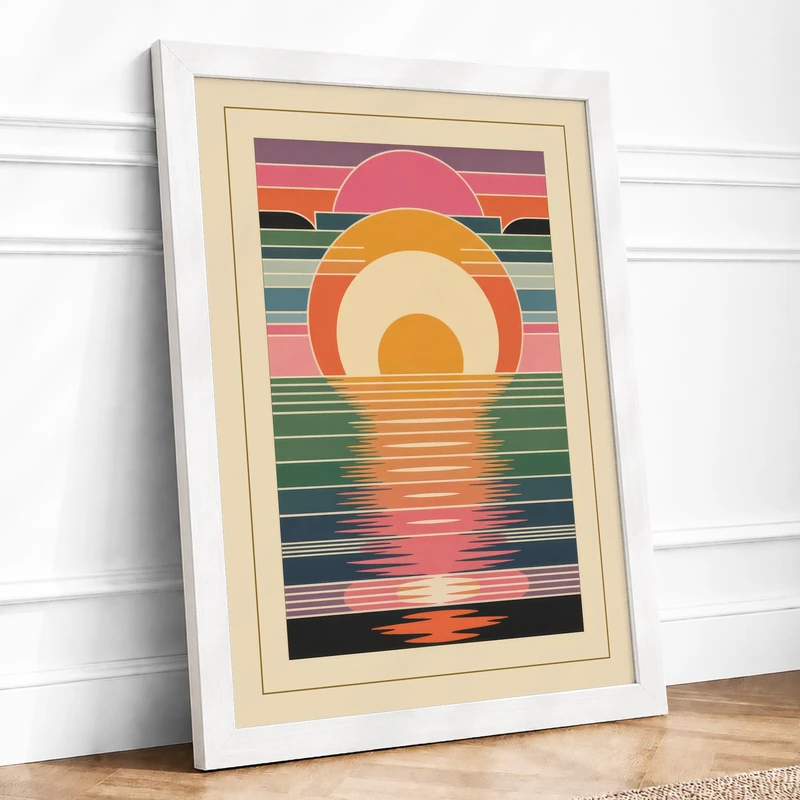 Striped Sunset Retro Framed Wall Art Print A1 (84.1×59.4cm) White, Wall Decor for Living Room, Bedroom, Office & Home, Ready to Hang, Art Gift