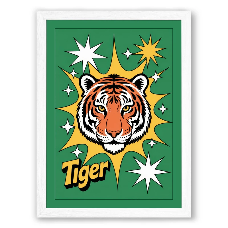 Tiger with Stars Retro Framed Wall Art Print A1 (84.1×59.4cm) White, Wall Decor for Living Room, Bedroom, Office & Home, Ready to Hang, Art Gift - Image 1