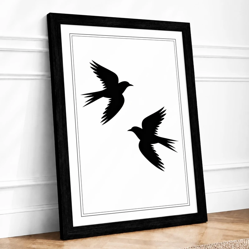 Two Birds in Flight Minimalist Framed Wall Art Print A1 (84.1×59.4cm) Black, Wall Decor for Living Room, Bedroom, Office & Home, Ready to Hang, Art Gift