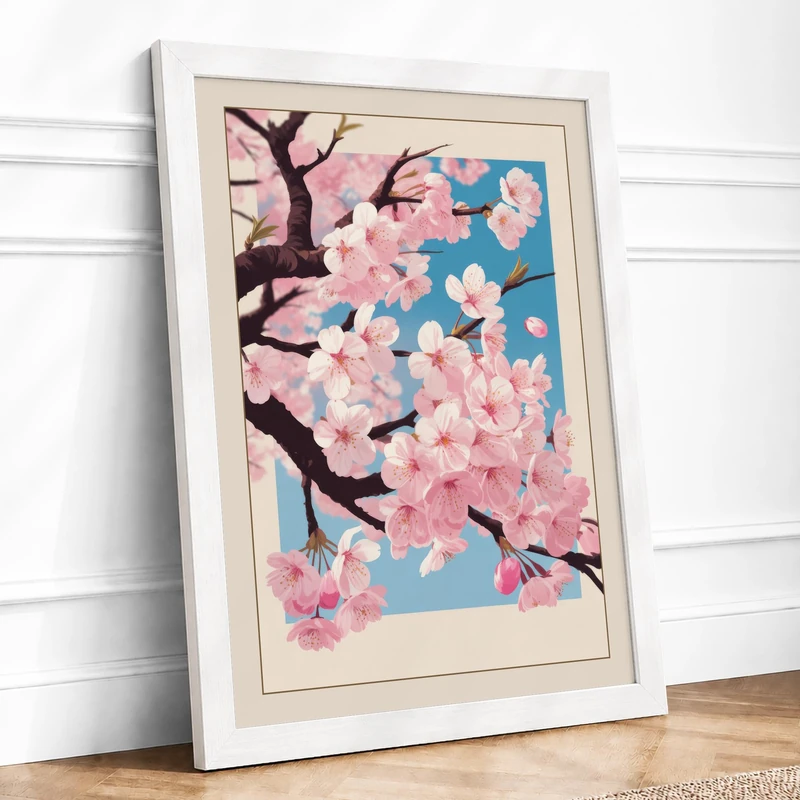 Cherry Blossom Branch Botanical Framed Wall Art Print A1 (84.1×59.4cm) White, Wall Decor for Living Room, Bedroom, Office & Home, Ready to Hang, Art Gift
