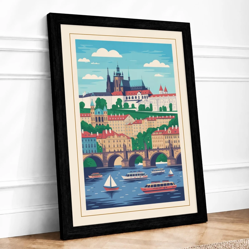 Postcard from Prague Vintage Framed Wall Art Print A1 (84.1×59.4cm) Black, Wall Decor for Living Room, Bedroom, Office & Home, Ready to Hang, Art Gift