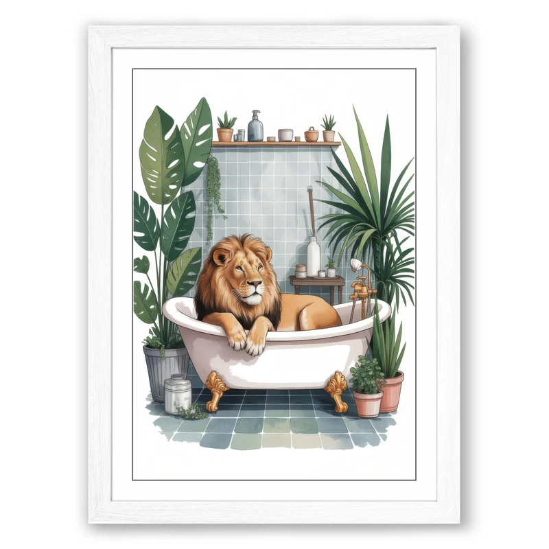 Lion in the Bath Whimsical Framed Wall Art Print A1 (84.1×59.4cm) White, Wall Decor for Living Room, Bedroom, Office & Home, Ready to Hang, Art Gift - Image 1