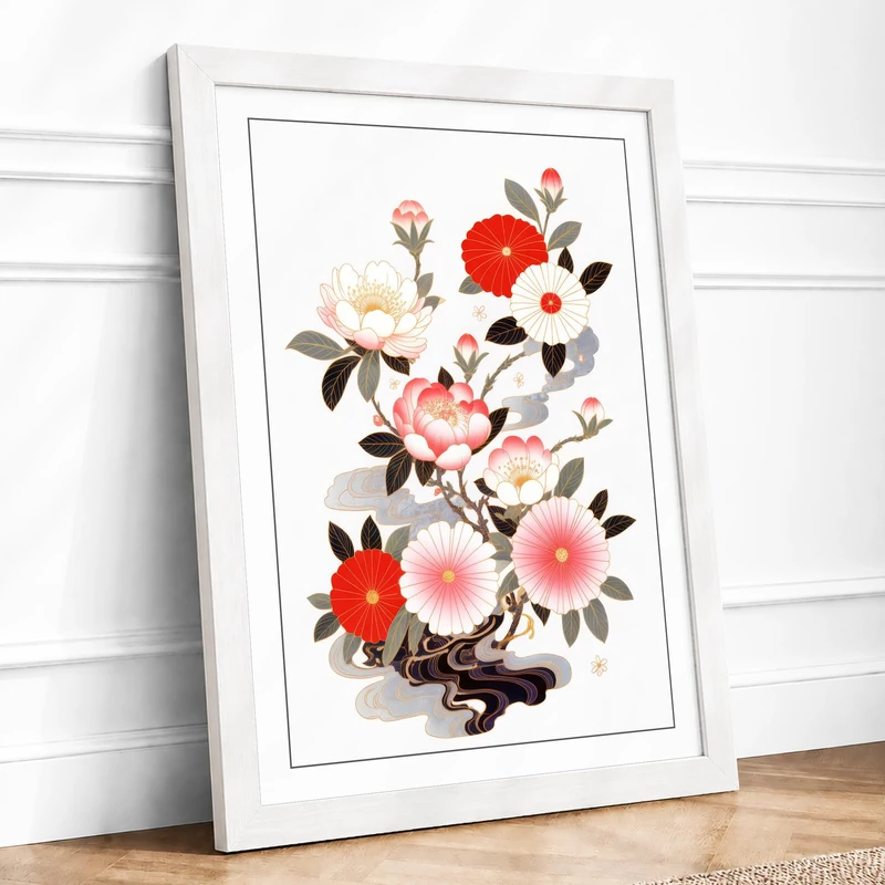 Roses and Peonies Botanical Framed Wall Art Print A1 (84.1×59.4cm) White, Wall Decor for Living Room, Bedroom, Office & Home, Ready to Hang, Art Gift - Image 1