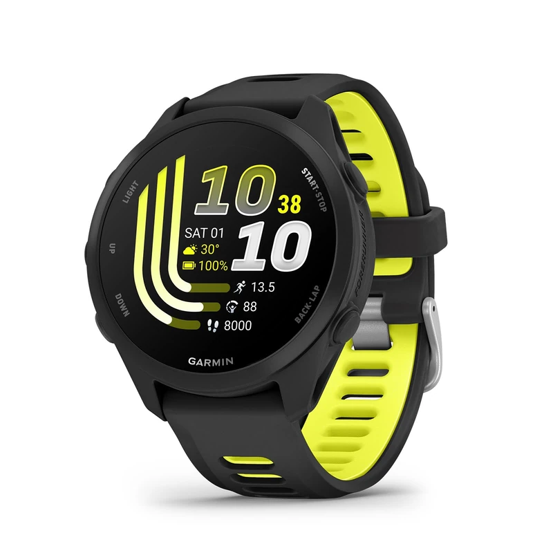 Garmin Forerunner 170, 43mm GPS running smartwatch, lightweight, AMOLED, advanced training, insights & features,HRV status, safety & tracking features, up to 10 days battery life, Black/Amp Yellow