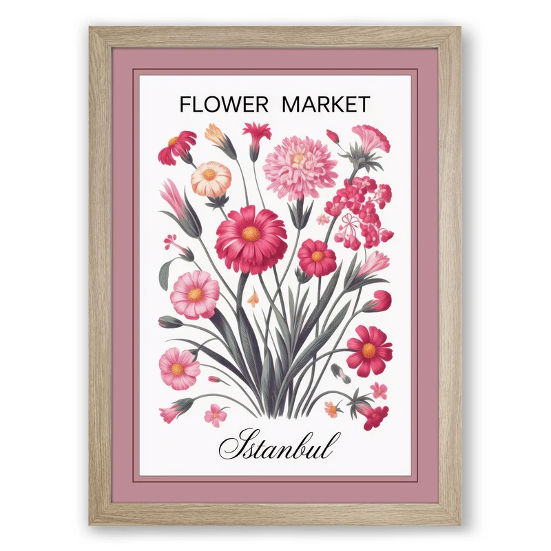 Flower Market Istanbul Botanical Framed Wall Art Print A1 (84.1×59.4cm) Oak, Wall Decor for Living Room, Bedroom, Office & Home, Ready to Hang, Art Gift