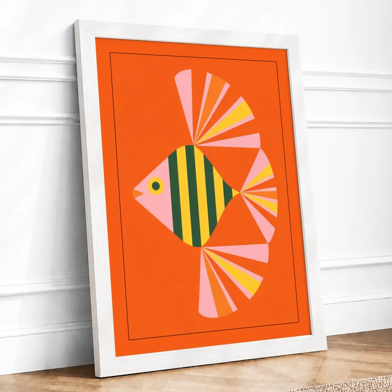 Paper Fish Geometric Framed Wall Art Print A1 (84.1×59.4cm) White, Wall Decor for Living Room, Bedroom, Office & Home, Ready to Hang, Art Gift