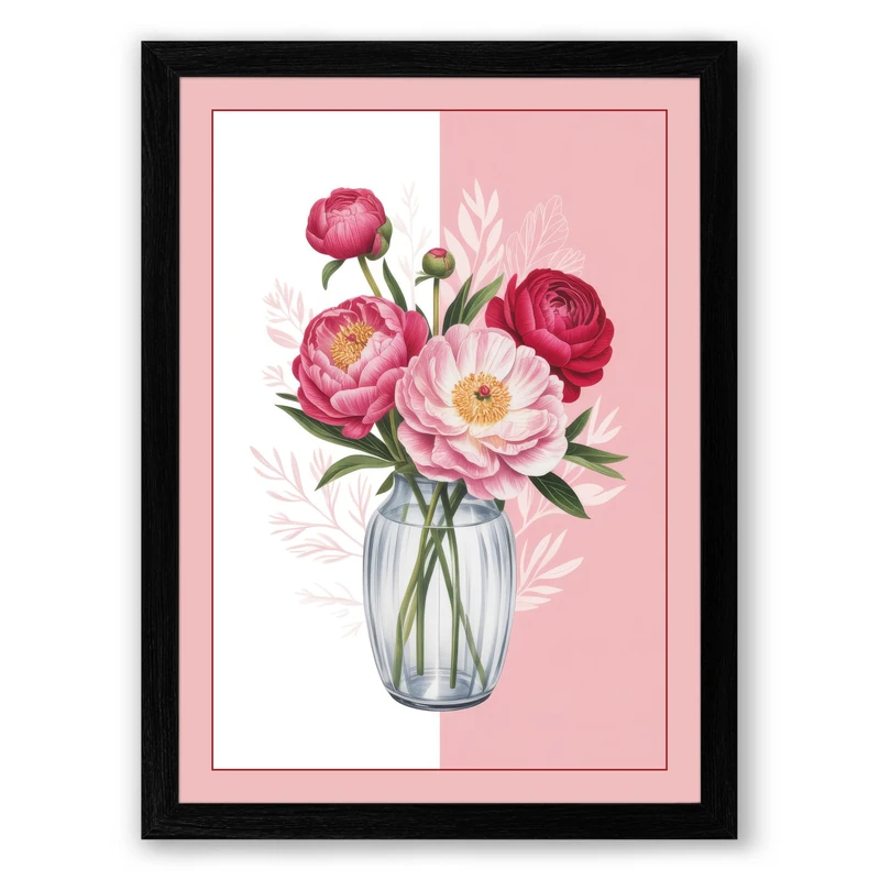 Peonies and Roses in Bloom Botanical Framed Wall Art Print A1 (84.1×59.4cm) Black, Wall Decor for Living Room, Bedroom, Office & Home, Ready to Hang, Art Gift