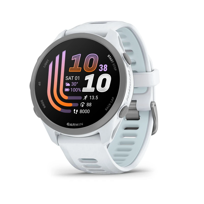 Garmin Forerunner 170, 43mm GPS running smartwatch, lightweight, AMOLED, advanced training,insights & features, HRV status, safety & tracking features,up to 10 days battery life,Whitestone/Cloud Blue - Image 1