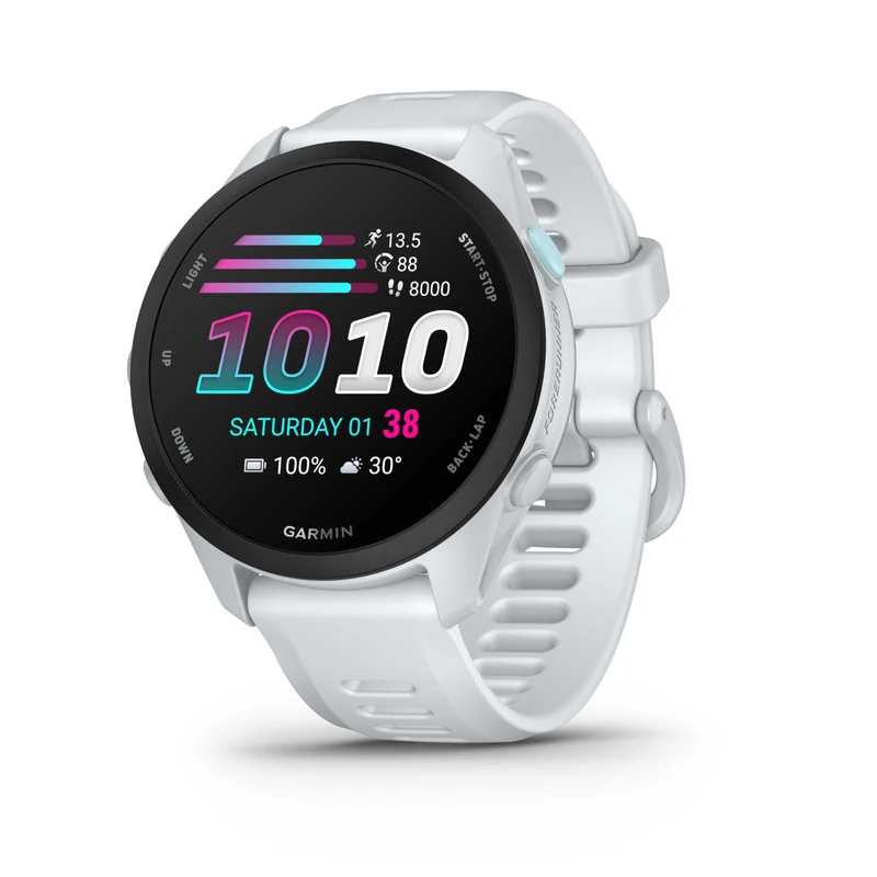 Garmin Forerunner 70, 43mm GPS running smartwatch, lightweight, AMOLED, easy to use, safety & tracking features, up to 13 days battery life, Whitestone
