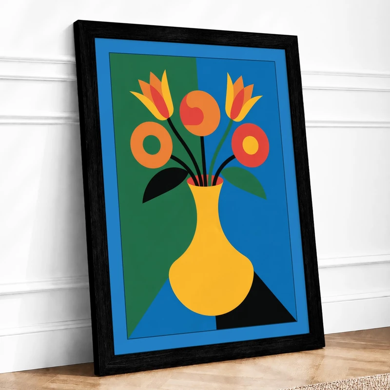 Geometric Floral Vase Mid-Century Framed Wall Art Print A1 (84.1×59.4cm) Black, Wall Decor for Living Room, Bedroom, Office & Home, Ready to Hang, Art Gift