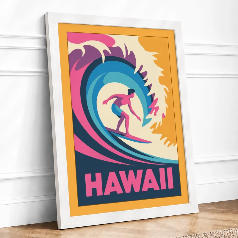Surfer in the Swell Retro Framed Wall Art Print A1 (84.1×59.4cm) White, Wall Decor for Living Room, Bedroom, Office & Home, Ready to Hang, Art Gift