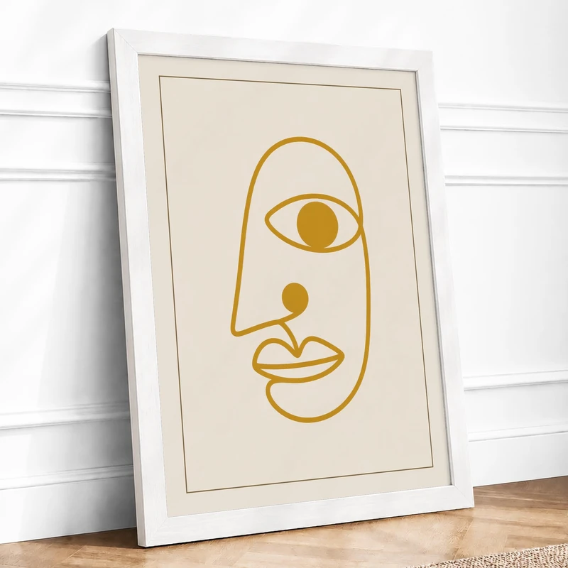 Golden Line Portrait Minimalist Framed Wall Art Print A1 (84.1×59.4cm) White, Wall Decor for Living Room, Bedroom, Office & Home, Ready to Hang, Art Gift