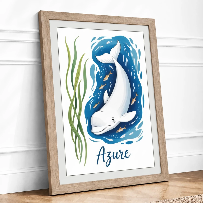 Azure Dolphin Coastal Framed Wall Art Print A1 (84.1×59.4cm) Oak, Wall Decor for Living Room, Bedroom, Office & Home, Ready to Hang, Art Gift