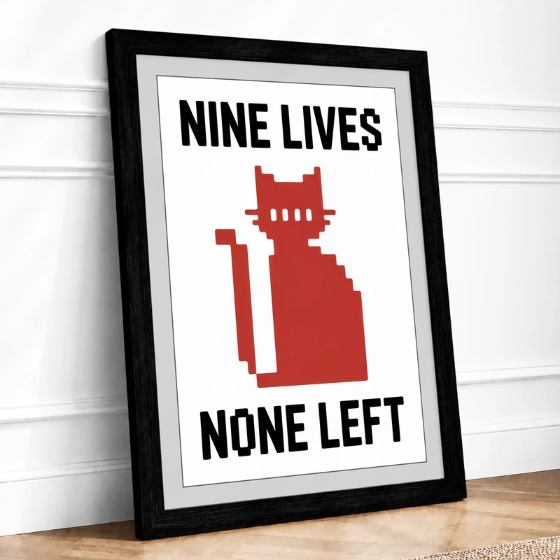 Nine Lives None Left Retro Framed Wall Art Print A1 (84.1×59.4cm) Black, Wall Decor for Living Room, Bedroom, Office & Home, Ready to Hang, Art Gift