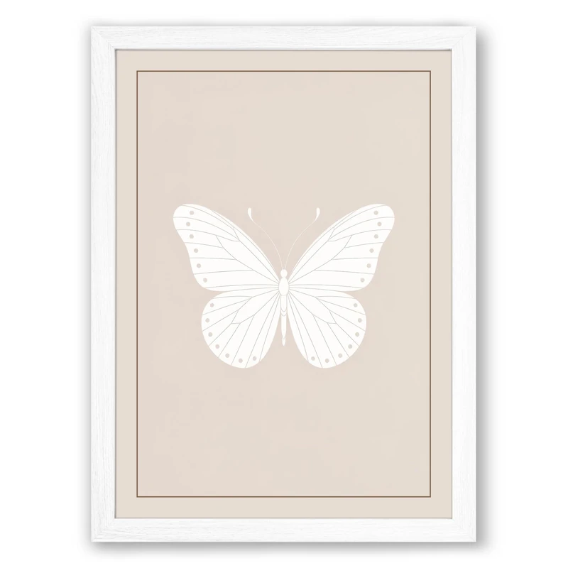 White Butterfly Study Minimalist Framed Wall Art Print A1 (84.1×59.4cm) White, Wall Decor for Living Room, Bedroom, Office & Home, Ready to Hang, Art Gift
