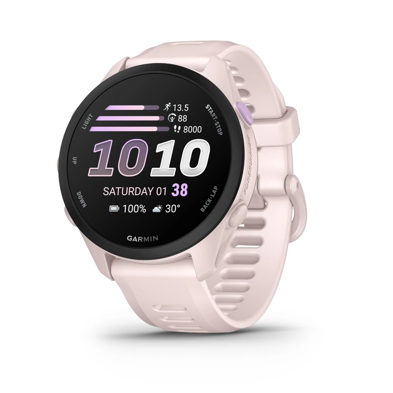 Garmin Forerunner 70, Amazon Exclusive, 43mm GPS running smartwatch, lightweight, AMOLED, easy to use, safety & tracking features, up to 13 days battery life, Soft Pink