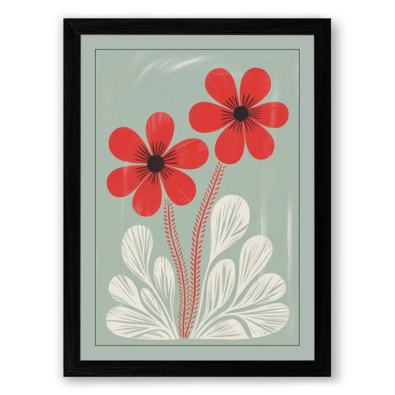 Red Flowers & Foliage Botanical Framed Wall Art Print A1 (84.1×59.4cm) Black, Wall Decor for Living Room, Bedroom, Office & Home, Ready to Hang, Art Gift