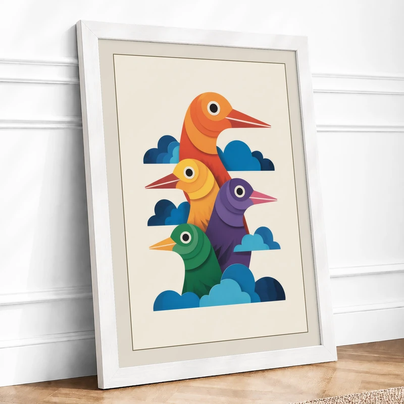Stacked Birds Modern Framed Wall Art Print A1 (84.1×59.4cm) White, Wall Decor for Living Room, Bedroom, Office & Home, Ready to Hang, Art Gift