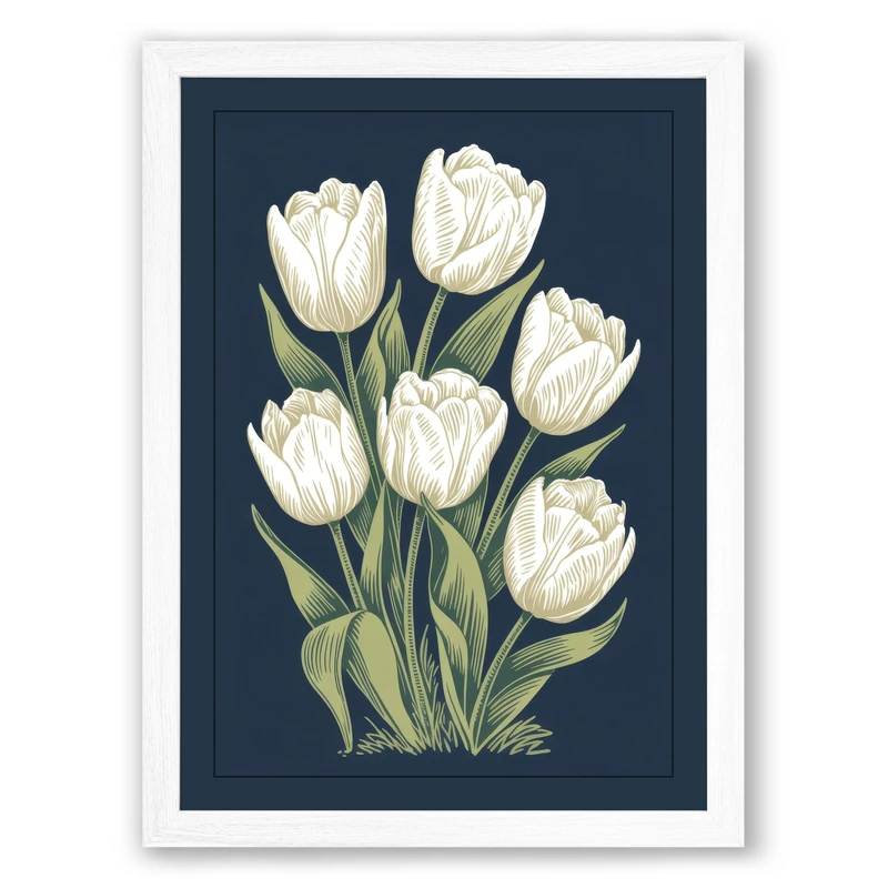 White Tulips on Navy Botanical Framed Wall Art Print A1 (84.1×59.4cm) White, Wall Decor for Living Room, Bedroom, Office & Home, Ready to Hang, Art Gift