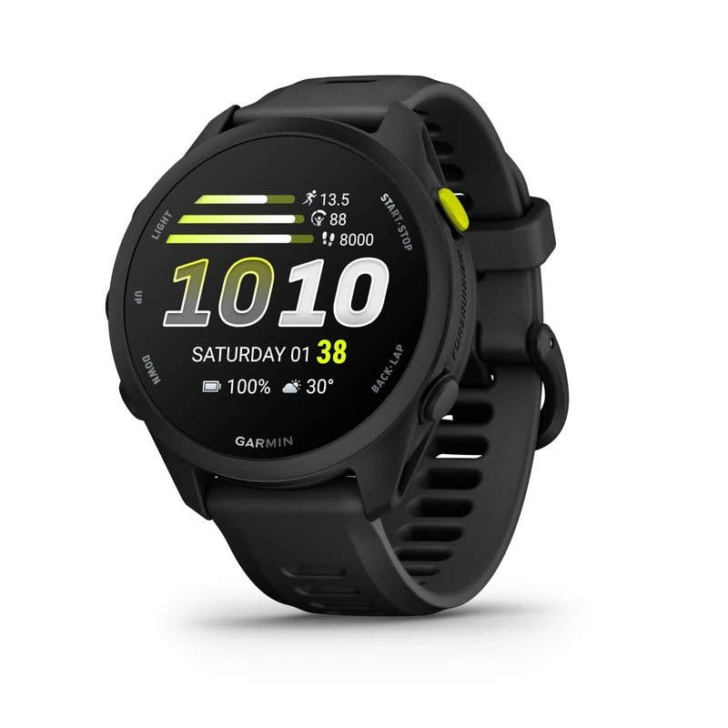 Garmin Forerunner 70, 43mm GPS running smartwatch, lightweight, AMOLED, easy to use, safety & tracking features, up to 13 days battery life, Black