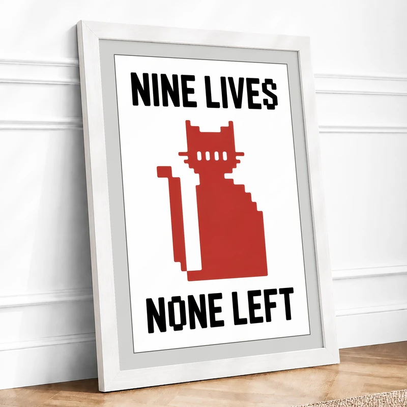 Nine Lives None Left Retro Framed Wall Art Print A1 (84.1×59.4cm) White, Wall Decor for Living Room, Bedroom, Office & Home, Ready to Hang, Art Gift - Image 1