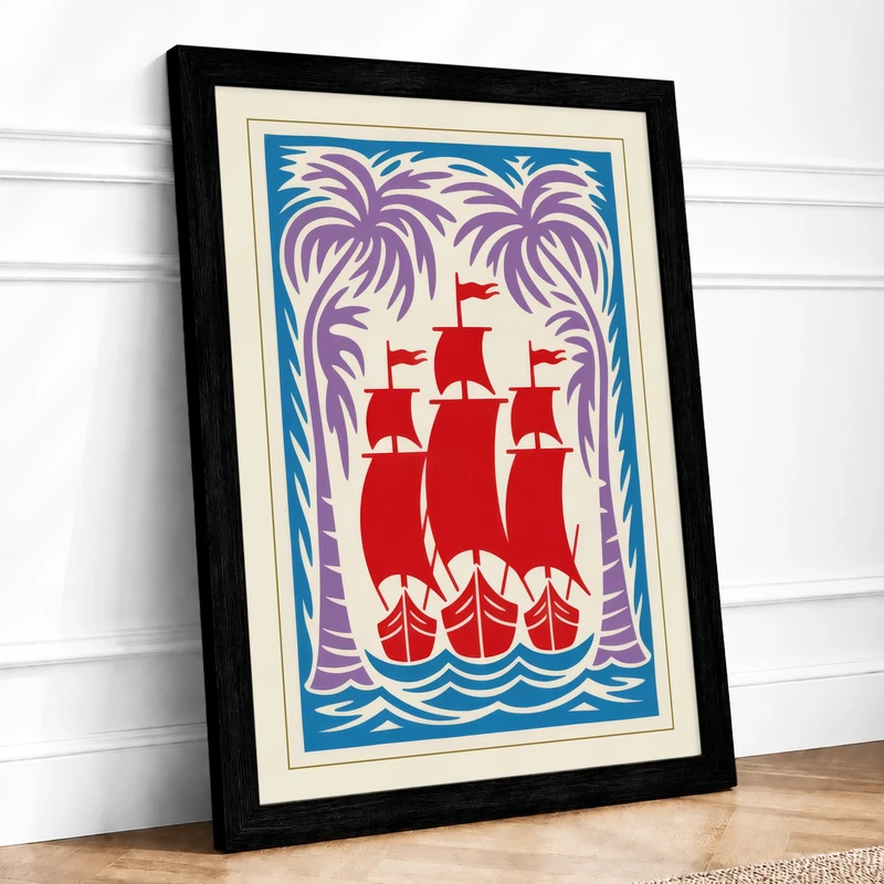 Sailing Ship at Sea Art Deco Framed Wall Art Print A1 (84.1×59.4cm) Black, Wall Decor for Living Room, Bedroom, Office & Home, Ready to Hang, Art Gift