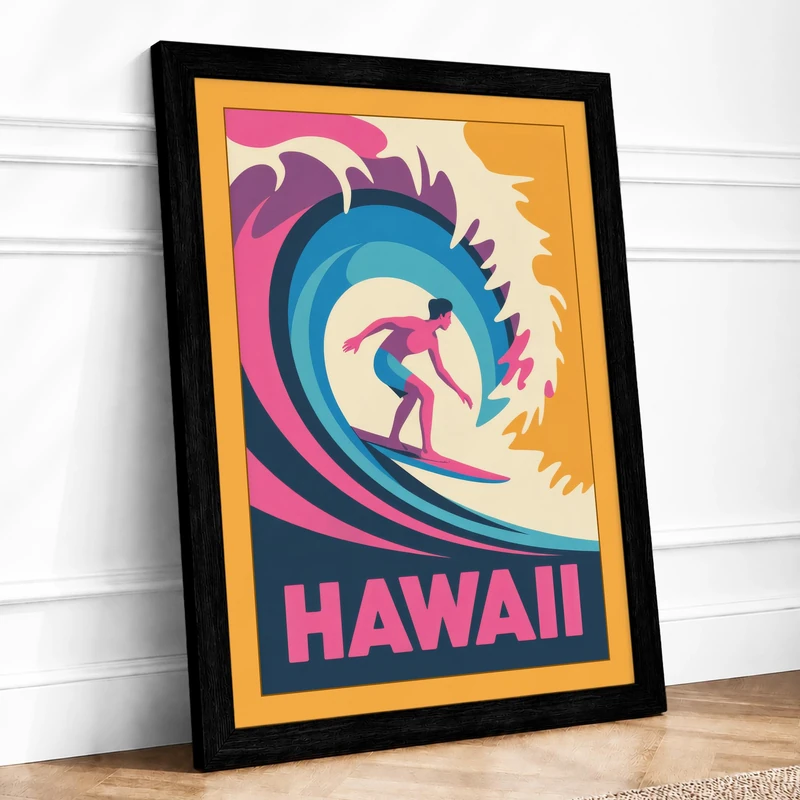 Surfer in the Swell Retro Framed Wall Art Print A1 (84.1×59.4cm) Black, Wall Decor for Living Room, Bedroom, Office & Home, Ready to Hang, Art Gift - Image 1