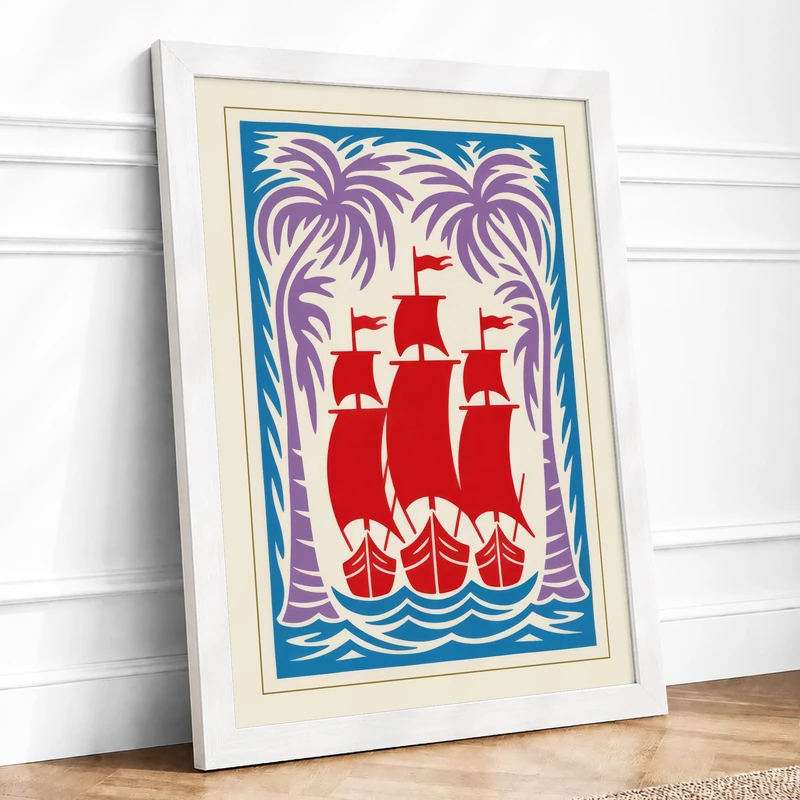 Sailing Ship at Sea Art Deco Framed Wall Art Print A1 (84.1×59.4cm) White, Wall Decor for Living Room, Bedroom, Office & Home, Ready to Hang, Art Gift