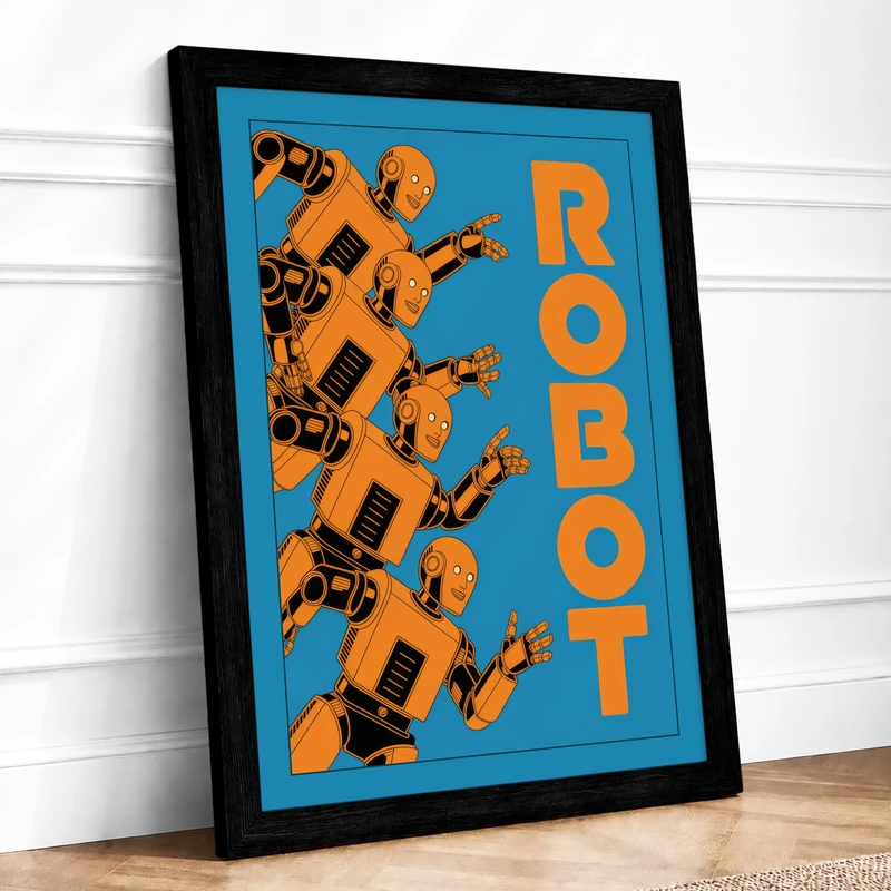 Geometric Robot Retro Framed Wall Art Print A1 (84.1×59.4cm) Black, Wall Decor for Living Room, Bedroom, Office & Home, Ready to Hang, Art Gift