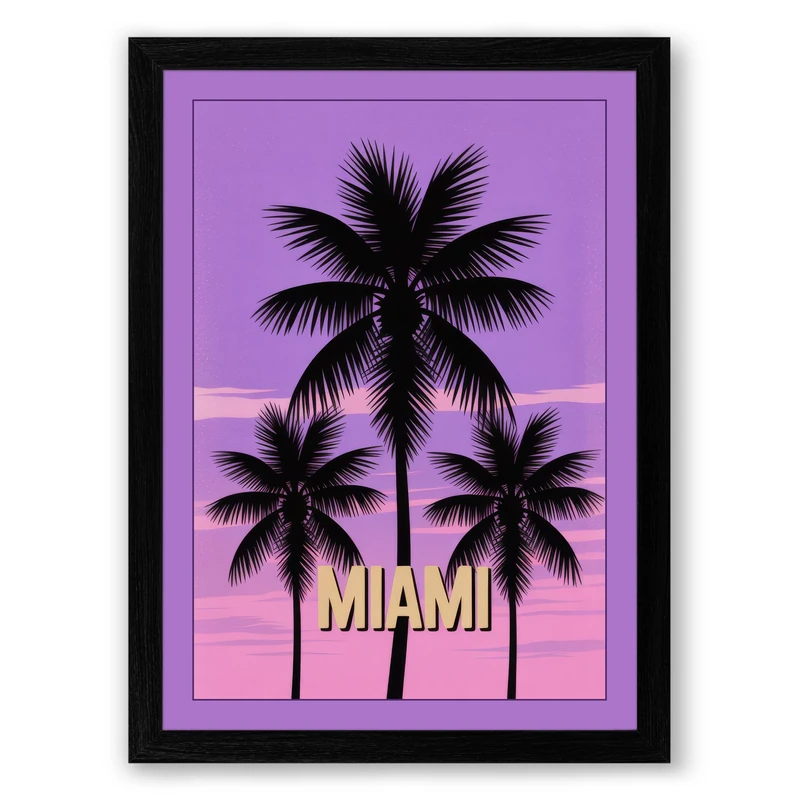 Miami Palms at Twilight Retro Framed Wall Art Print A1 (84.1×59.4cm) Black, Wall Decor for Living Room, Bedroom, Office & Home, Ready to Hang, Art Gift