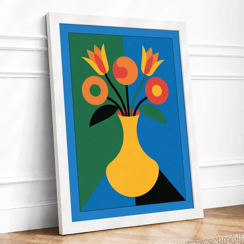 Geometric Floral Vase Mid-Century Framed Wall Art Print A1 (84.1×59.4cm) White, Wall Decor for Living Room, Bedroom, Office & Home, Ready to Hang, Art Gift